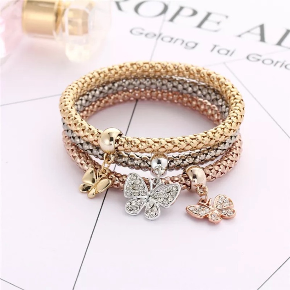 Butterfly Kisses Stackable Mesh 3 Pc Bracelet Set